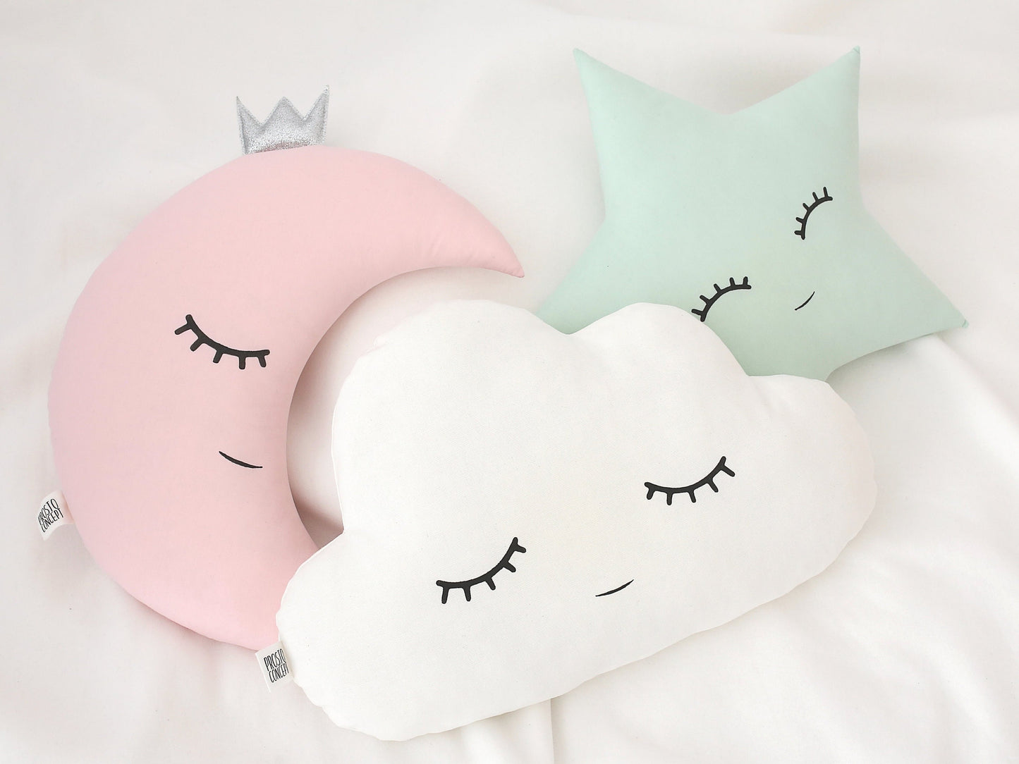 Set of 3 Pillows - White Cloud, Pale Pink Crescent Moon and Green Mint Star Pillows