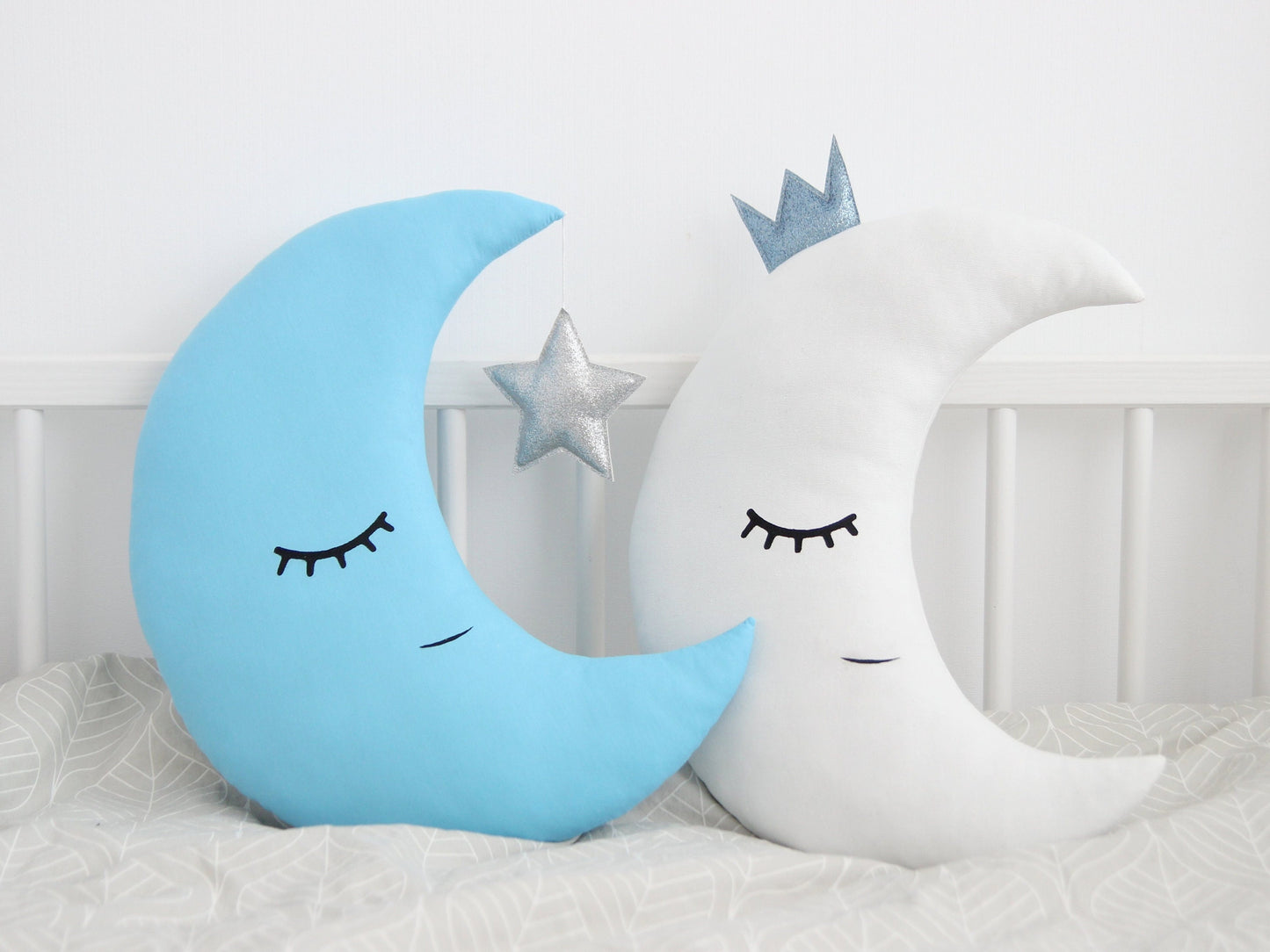 Blue Crescent Moon Pillow with Crown or Star