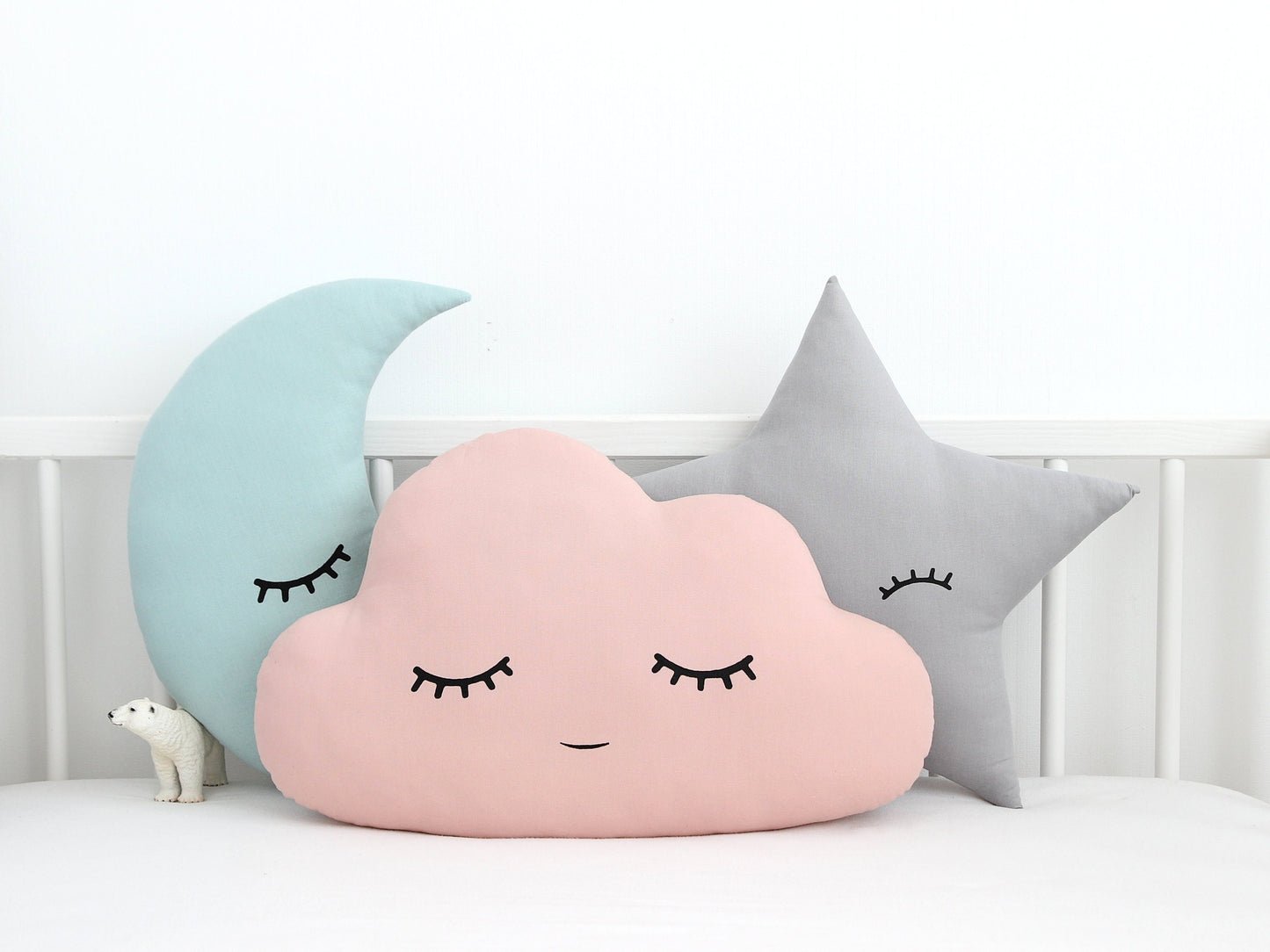 Set of 3 Pillows - Coral Cloud, Dusty Mint Crescent Moon and Gray Star Pillows