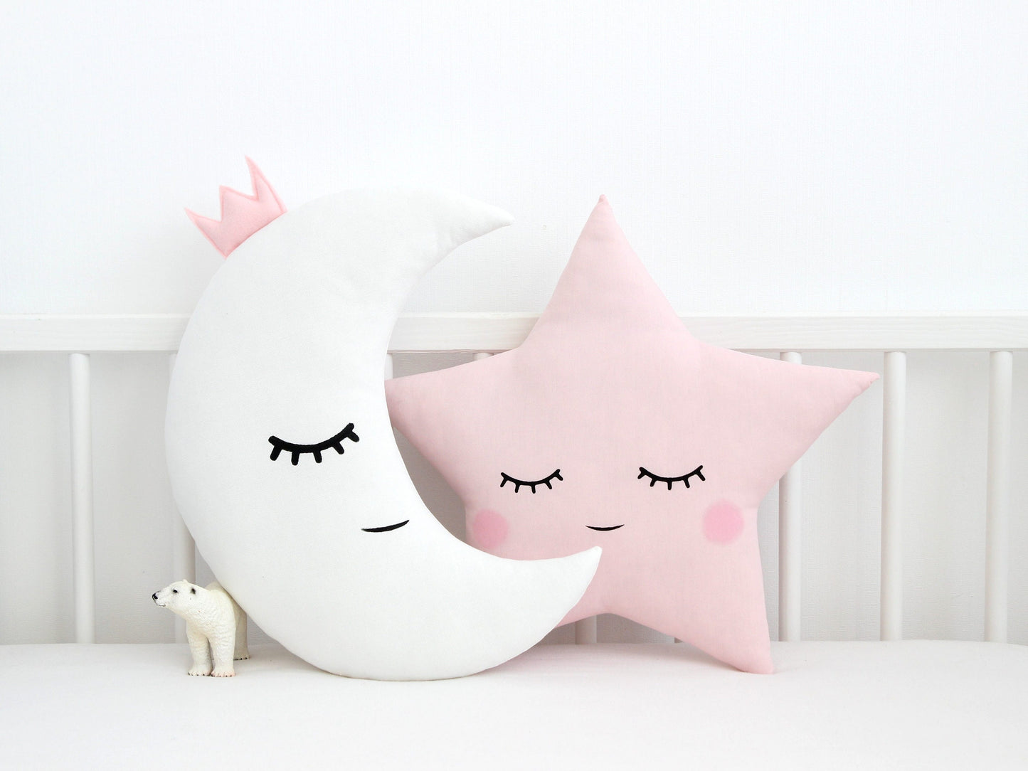 Set of 2 Pillows - White Crescent Moon Pillow and Pale Pink Star Pillow