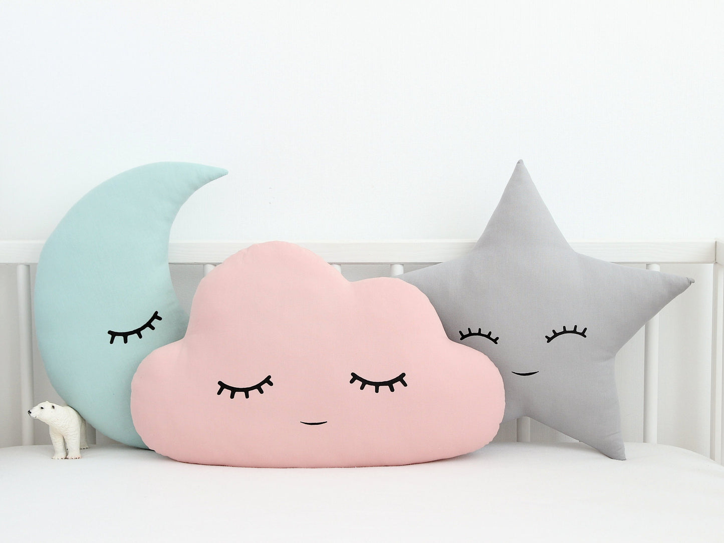 Set of 3 Pillows - Coral Cloud, Dusty Mint Crescent Moon and Gray Star Pillows