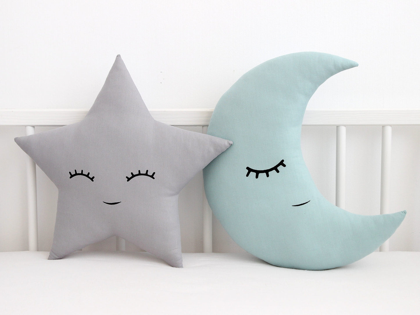 Set of 3 Pillows - Coral Cloud, Dusty Mint Crescent Moon and Gray Star Pillows