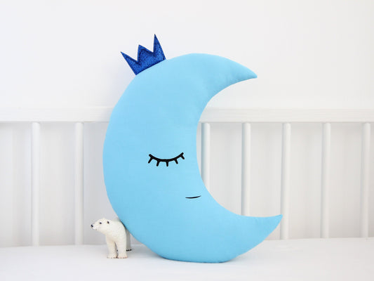 Blue Crescent Moon Pillow with Crown or Star