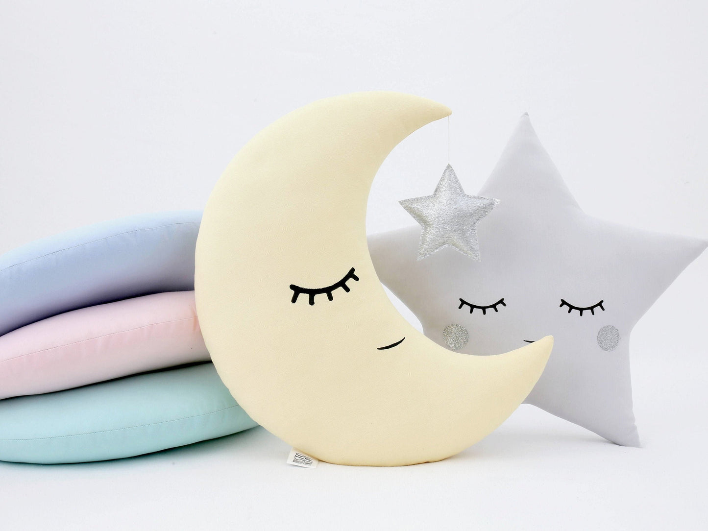 Set of 2 Pillows - Crescent Moon Pillow (4 colors) with Star and Light Gray Star Pillow