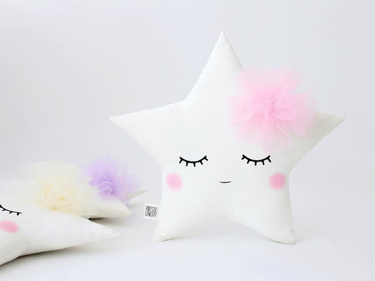 Sleepy White Star Pillow with Tulle Flower